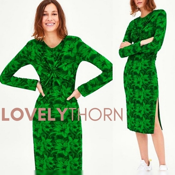 Zara Dresses & Skirts - ZARA // kelly green floral printed fitted long sleeve side slit midi dress